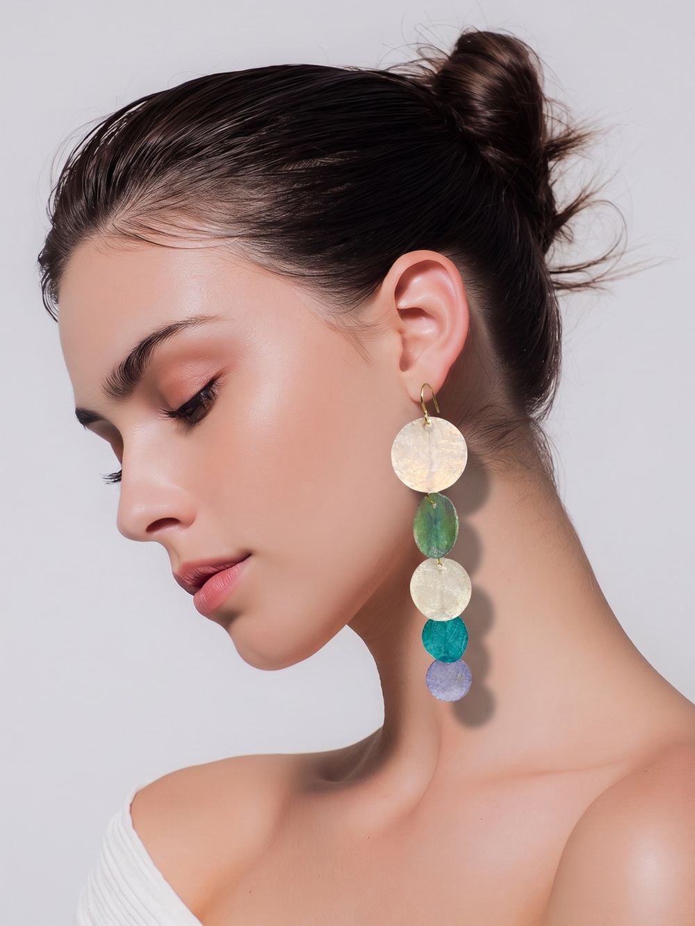 Handmade Multi-Disc Drop Earrings in White, Teal, Green & Lavender